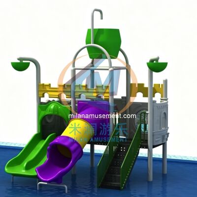 کیفیت تجهیزات زمین بازی در فضای باز کودکان - مجموعه سرسره آبی چندگانه با استخر کارخانه